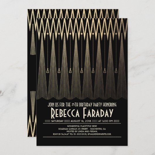 Art Deco Black en Gold Gatsby Verjaardagsfeest Kaart (Voorkant / Achterkant)