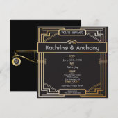 Art Deco Black en Gold Gatsby Wedding Invitation Kaart (Voorkant / Achterkant)