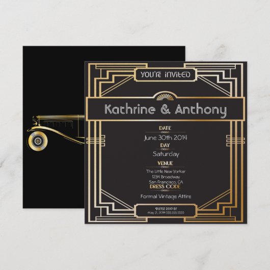 Art Deco Black en Gold Gatsby Wedding Invitation Kaart (Voorkant / Achterkant)