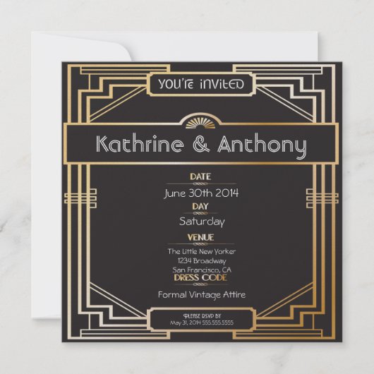 Art Deco Black en Gold Gatsby Wedding Invitation Kaart (Voorkant)