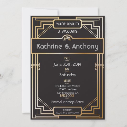 Art Deco Black en Gold Gatsby Wedding Invitation Kaart (Voorkant)