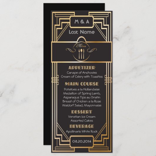 Art Deco Black en Gold Gatsby Wedding Menu (Voorkant / Achterkant)