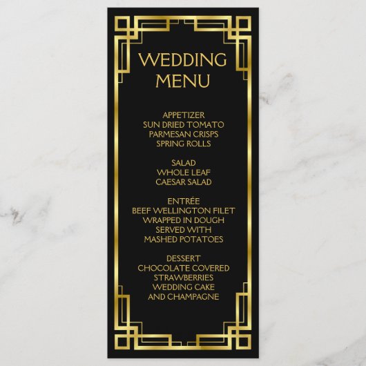 Art Deco Black en Gold Menu voor bruiloft (Voorkant)