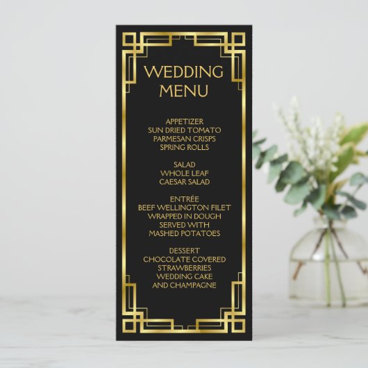 Art Deco Black en Gold Menu voor bruiloft (Staand voorkant)