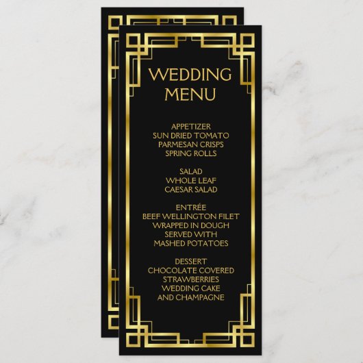 Art Deco Black en Gold Menu voor bruiloft (Voorkant / Achterkant)