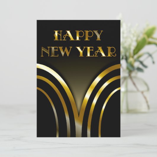 Art Deco Black en Gold New Years Party Kaart (Staand voorkant)