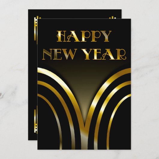 Art Deco Black en Gold New Years Party Kaart (Voorkant / Achterkant)
