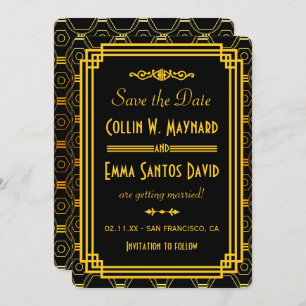 Art Deco Black en Gold Save the Date Kaart