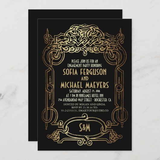 Art Deco Black en Gold verlovingsfeest Kaart (Voorkant / Achterkant)