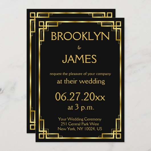 Art Deco Black en Gold Wedding Invitations Kaart (Voorkant / Achterkant)