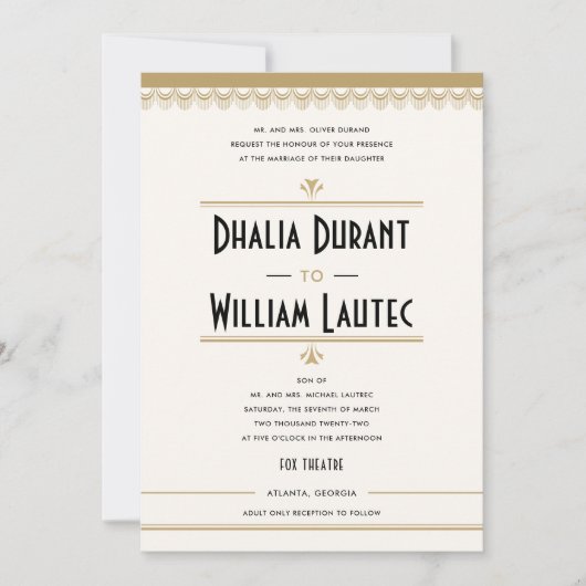 Art Deco  Black en Gold Wedding Kaart (Voorkant)