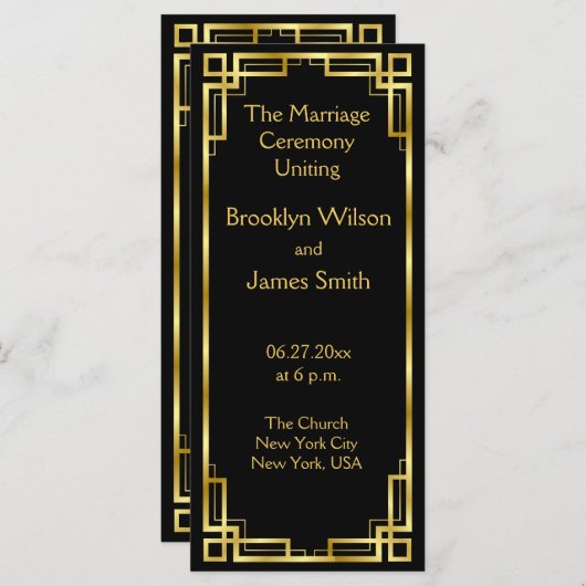 Art Deco Black en Gold Wedding Program Kaarten (Voorkant / Achterkant)