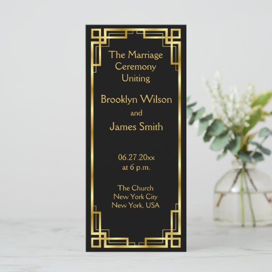 Art Deco Black en Gold Wedding Program Kaarten (Staand voorkant)
