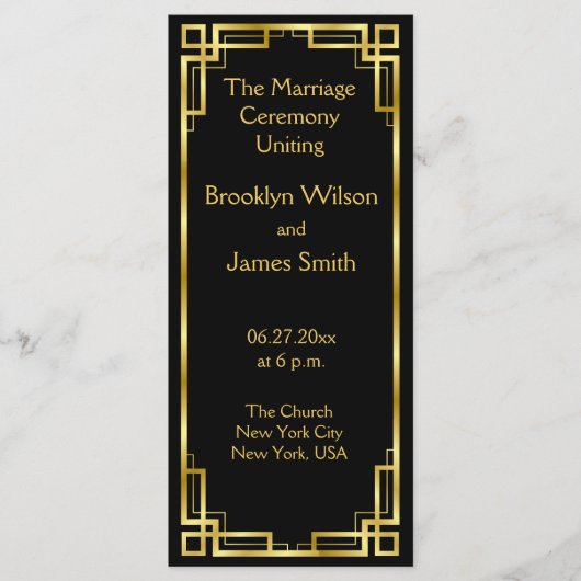 Art Deco Black en Gold Wedding Program Kaarten (Voorkant)