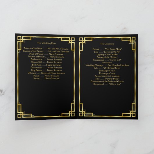 Art Deco Black- en Gold Wedding-programma's Programma (Binnen)