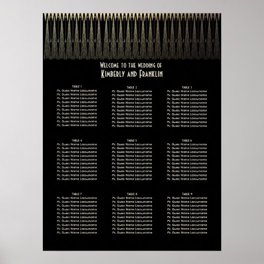 Art Deco Black en Gold Wedding Seating Chart Poster (Voorkant)