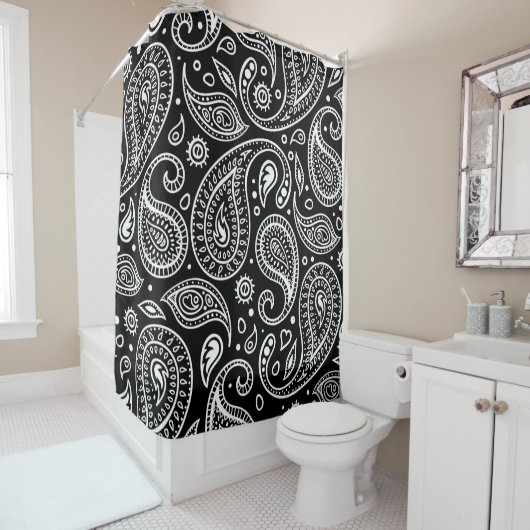 Art Deco Black en White Floral Paisley Pattern Douchegordijn (In situ)