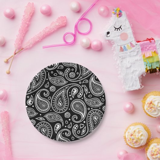 Art Deco Black en White Floral Paisley Pattern Papieren Bordje (Feest)