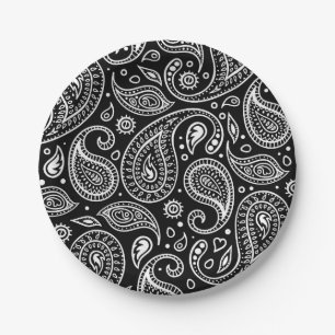 Art Deco Black en White Floral Paisley Pattern Papieren Bordje