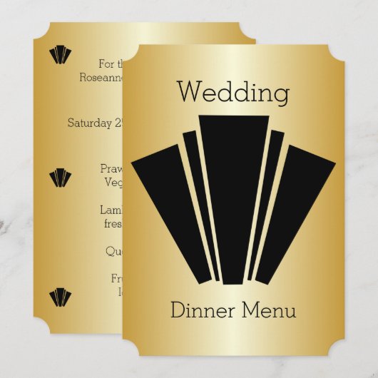 Art Deco Black en White Gold Weduwen Dinner Menu Kaart (Voorkant / Achterkant)