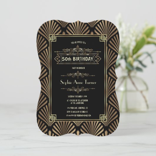 Art Deco Black Gatsby 1920s 50th Birthday Party Kaart (Staand voorkant)