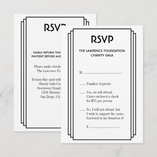 Art Deco Black gestapeld lijst Gold RSVP-respons RSVP Kaartje (Voorkant / Achterkant)