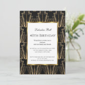 Art Deco Black Gold Birthday Party Invitation Kaart (Staand voorkant)