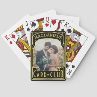 Art Deco Black Gold Club Elegant Custom Photo Name Pokerkaarten