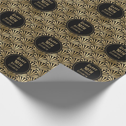 Art Deco Black & Gold Custom Happy 30th Birthday Cadeaupapier (Hoek)
