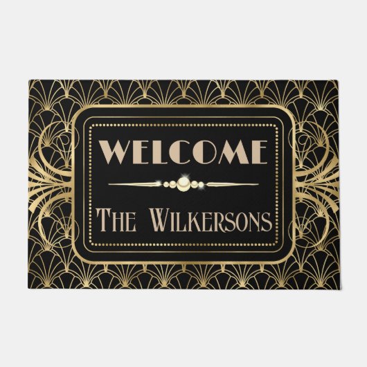 Art Deco BLack & Gold Custom Name Deurmat (Voorkant)