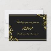 Art Deco Black Gold Floral Swirls Weddenschap RSVP (Voorkant)