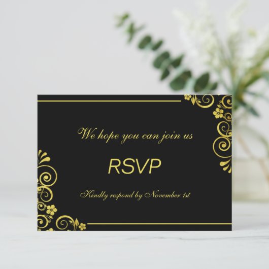 Art Deco Black Gold Floral Swirls Weddenschap RSVP (Staand voorkant)