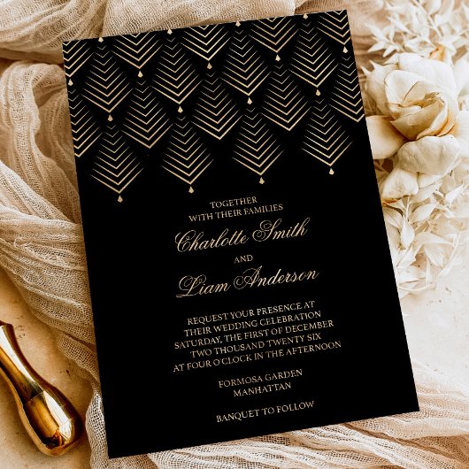 Art Deco Black & Gold Foil geperste Floral Wedding Folie Uitnodiging