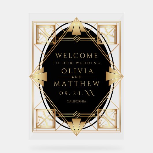 Art Deco Black Gold Geometric Wedding  Acryl Bord (Voorkant)