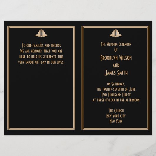 Art Deco Black Gold Great Gatsby Wedding Programs (Voorkant)