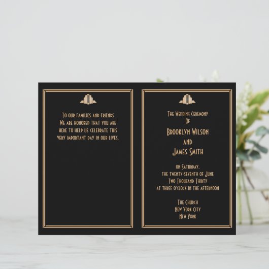 Art Deco Black Gold Great Gatsby Wedding Programs (Staand voorkant)