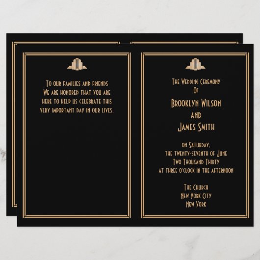 Art Deco Black Gold Great Gatsby Wedding Programs (Voorkant / Achterkant)