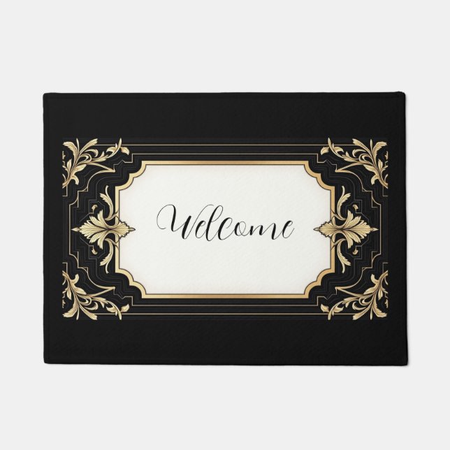 Art Deco Black & Gold Ornate Frame Area Rug Deurmat (Voorkant)