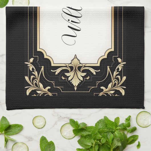 Art Deco Black & Gold Ornate Frame  Theedoek (Gevouwen)