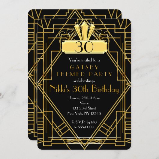 Art Deco Black & Gold Party Uitnodiging (Voorkant / Achterkant)