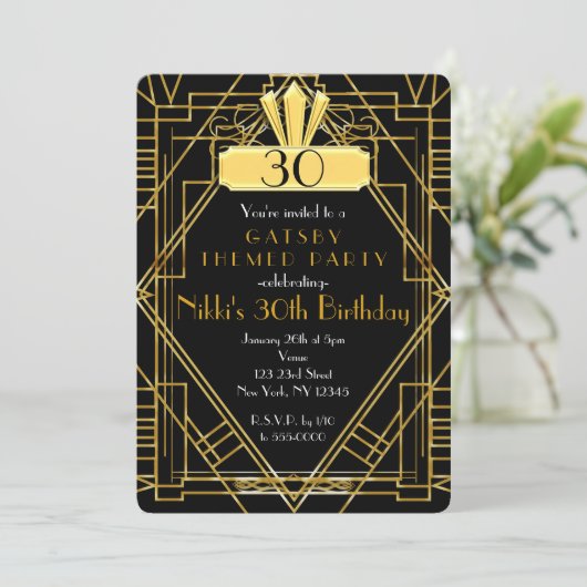 Art Deco Black & Gold Party Uitnodiging (Staand voorkant)