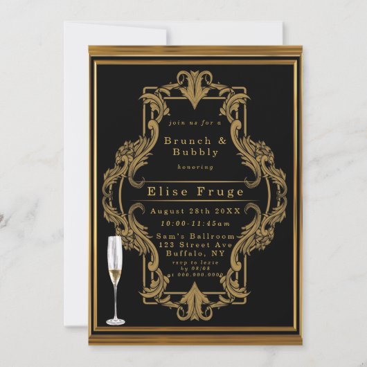 Art Deco Black Gold Royal Brunch & Bubble Invitati Kaart (Voorkant)