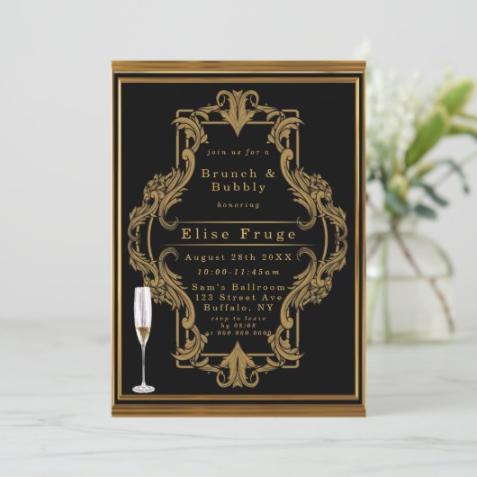 Art Deco Black Gold Royal Brunch & Bubble Invitati Kaart (Staand voorkant)