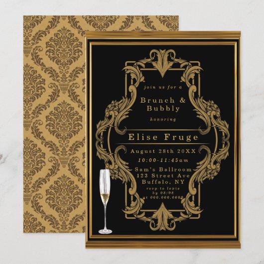 Art Deco Black Gold Royal Brunch & Bubble Invitati Kaart (Voorkant / Achterkant)