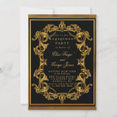 Art Deco Black Gold Royal Engagement Party Invita Kaart (Voorkant)