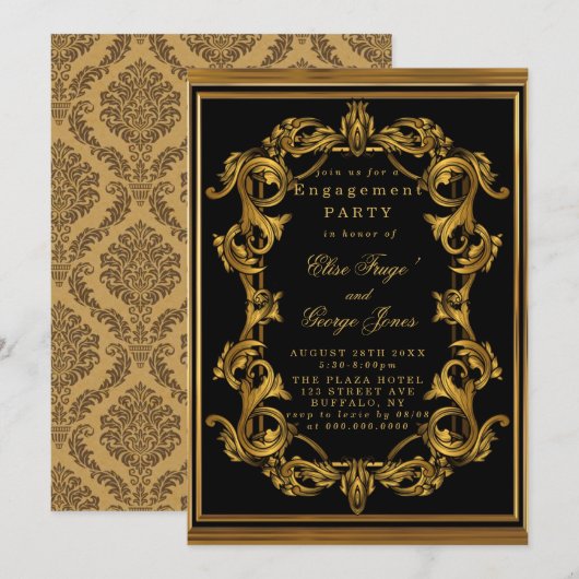 Art Deco Black Gold Royal Engagement Party Invita Kaart (Voorkant / Achterkant)
