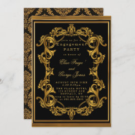 Art Deco Black Gold Royal Engagement Party Kaart