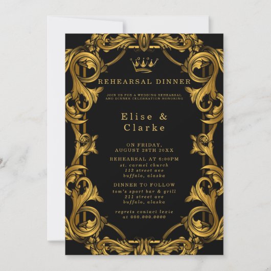 Art Deco Black Gold Royal Rehearsal Dinner Kaart (Voorkant)