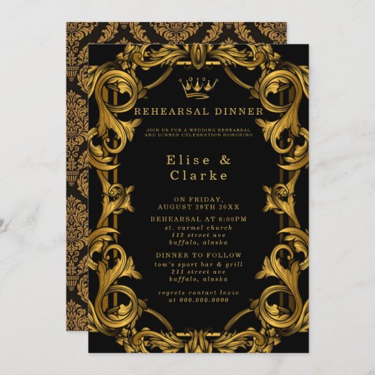 Art Deco Black Gold Royal Rehearsal Dinner Kaart (Voorkant / Achterkant)