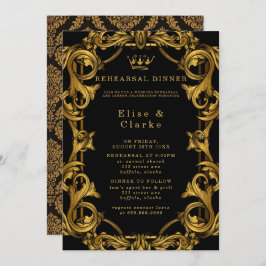 Art Deco Black Gold Royal Rehearsal Dinner Kaart